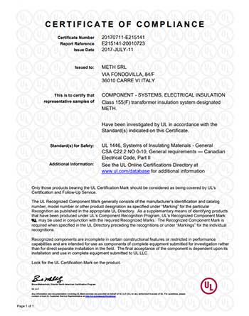 Certificato UL-CSA Insulation System - FILE E215141